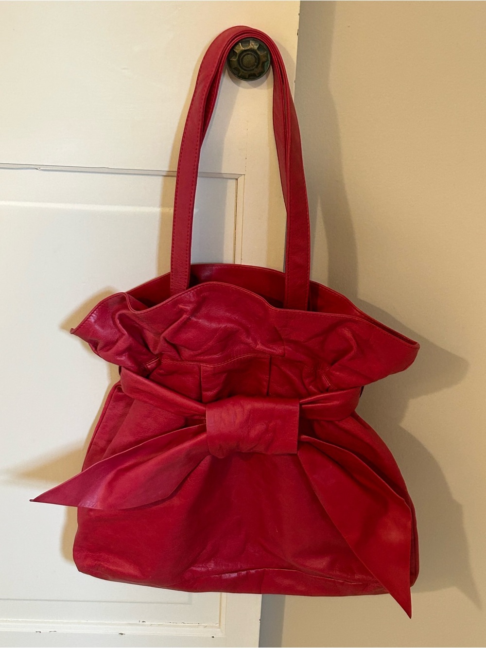 Anthropologie Red Faux-Leather Handbag with Knotted Tie